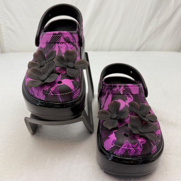 Crocs Platform Sandals Floral Print Purple Black w/Flower Croc Charms - Picture 1 of 10